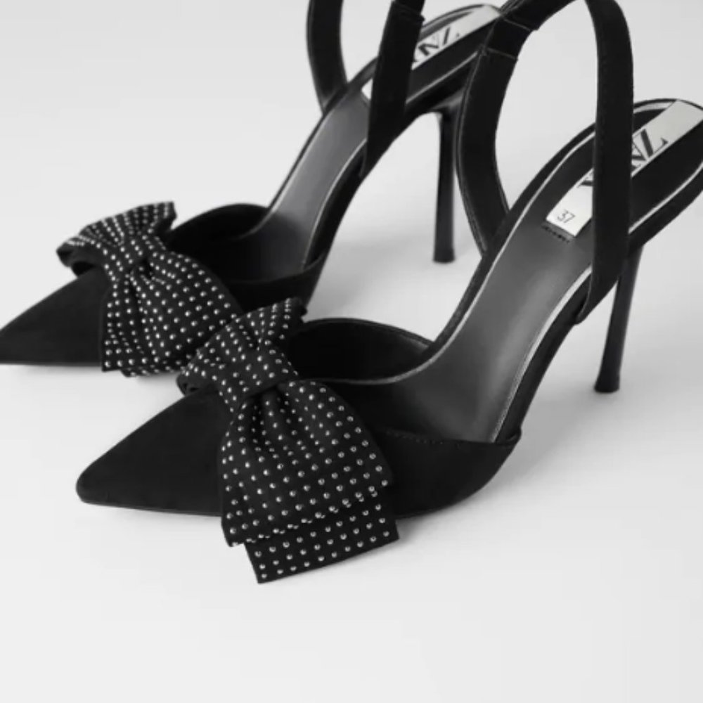 STUDDED HIGH HEEL SLINGBACK SHOES WITH BOW DETAIL